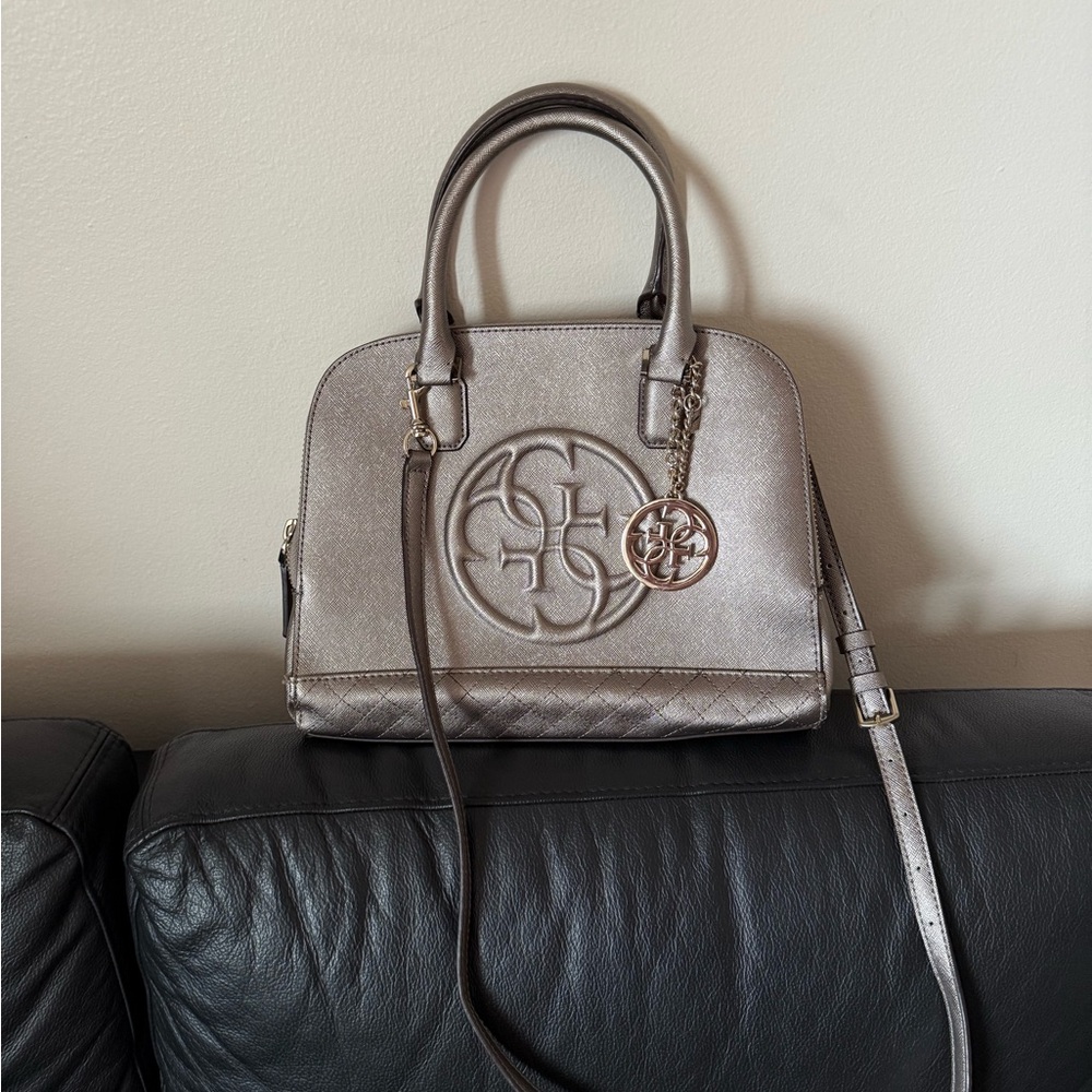 Guess Metallic Taupe Satchel with Logo Charm